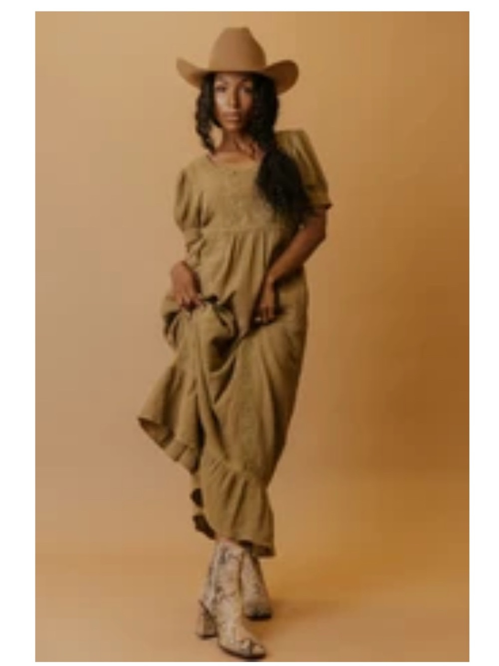 Salt Olive Green Embroidered Midi Dress with Scoop Neck